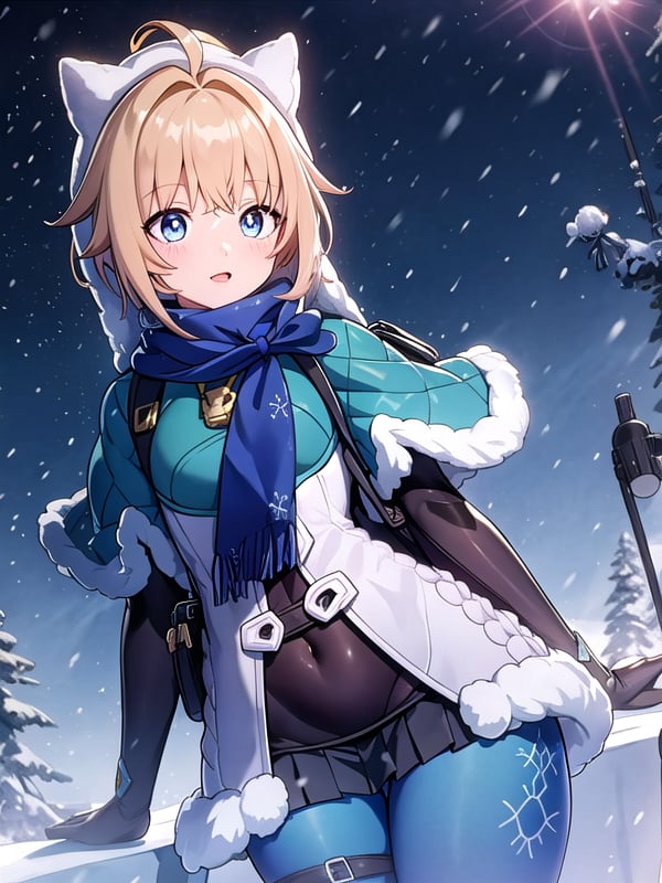 (extremely detailed CG), (best quality), 1girl, perfect face, absurdly long hair, bright pupils, (finely detailed beautiful eyes), shiny skin, lustrous skin, wide hips, narrow waist, Lynx Landau, scarf, fur trim, winter clothes, fur-trimmed capelet, print pantyhose, pom pom (clothes), backpack, fur-trimmed boots, white headwear, panoramic view, mountainous horizon, snowing