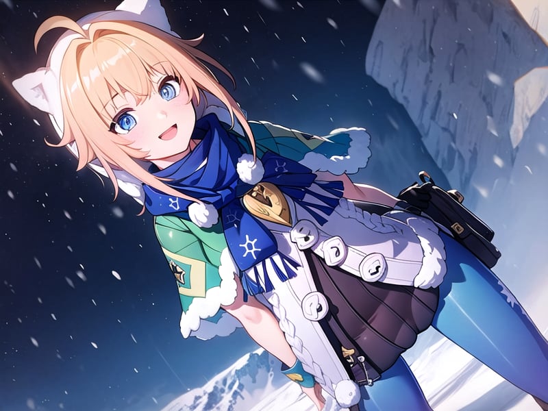 (extremely detailed CG), (best quality), 1girl, perfect face, absurdly long hair, bright pupils, (finely detailed beautiful eyes), shiny skin, lustrous skin, wide hips, narrow waist, Lynx Landau, scarf, fur trim, winter clothes, fur-trimmed capelet, print pantyhose, pom pom (clothes), backpack, fur-trimmed boots, white headwear, panoramic view, mountainous horizon, snowing