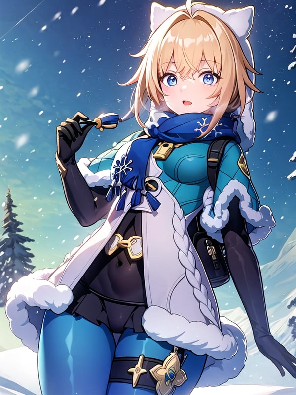 (extremely detailed CG), (best quality), 1girl, perfect face, absurdly long hair, bright pupils, (finely detailed beautiful eyes), shiny skin, lustrous skin, wide hips, narrow waist, Lynx Landau, scarf, fur trim, winter clothes, fur-trimmed capelet, print pantyhose, pom pom (clothes), backpack, fur-trimmed boots, white headwear, panoramic view, mountainous horizon, snowing