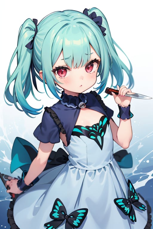 (masterpiece, best quality:1.2), 1girl, anime girl with green hair and blue dress holding a knife, anime girl with teal hair, anime visual of a cute girl, mikudayo, portrait of an anime girl, anime moe artstyle, marin kitagawa fanart, young anime girl, small curvy loli, cute anime waifu in a nice dress, portrait of cute anime girl, made with anime painter studio
