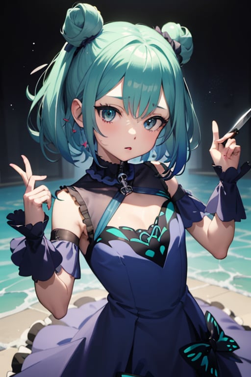 (masterpiece, best quality:1.2), 1girl, anime girl with green hair and blue dress holding a knife, anime girl with teal hair, anime visual of a cute girl, mikudayo, portrait of an anime girl, anime moe artstyle, marin kitagawa fanart, young anime girl, small curvy loli, cute anime waifu in a nice dress, portrait of cute anime girl, made with anime painter studio
