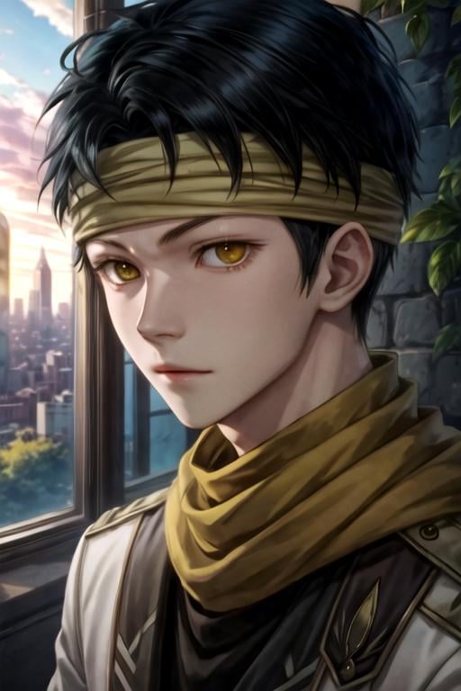 masterpiece, best quality, wallpaper, 1boy, solo, male focus, looking at viewer, , , , , <lora:obi_akagami_no_shirayuki-hime:0.70>, obi_akagami_no_shirayuki-hime, black hair, yellow eyes, headband, , The City of Mirrors, 16k resolution