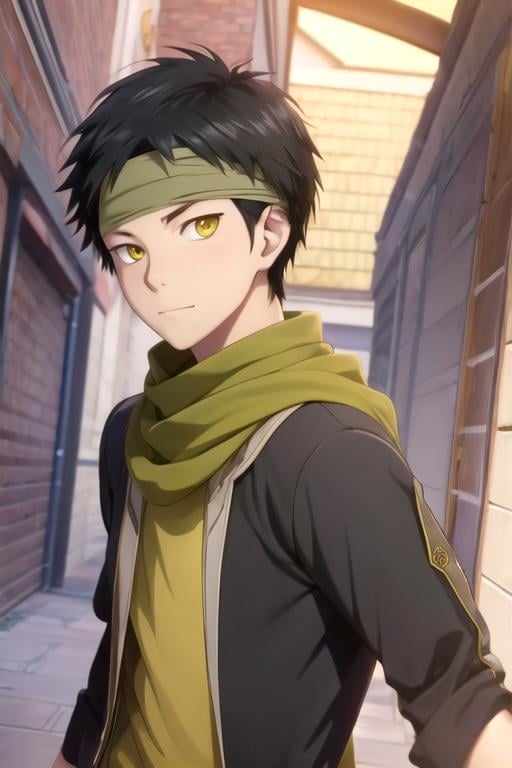 masterpiece, best quality, , 1boy, solo, male focus, looking at viewer, , depth of field, anime coloring, realistic, <lora:obi_akagami_no_shirayuki-hime:0.66>, obi_akagami_no_shirayuki-hime, black hair, yellow eyes, headband, comic book character costume, fairytale, 32k resolution