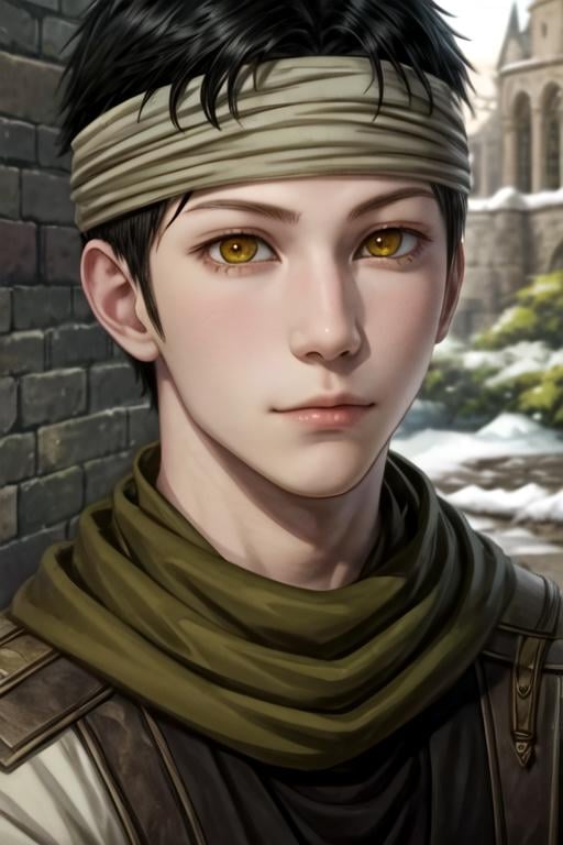 masterpiece, best quality, wallpaper, 1boy, solo, male focus, looking at viewer, , , , realistic, <lora:obi_akagami_no_shirayuki-hime:0.74>, obi_akagami_no_shirayuki-hime, black hair, yellow eyes, headband, , , medieval europe,