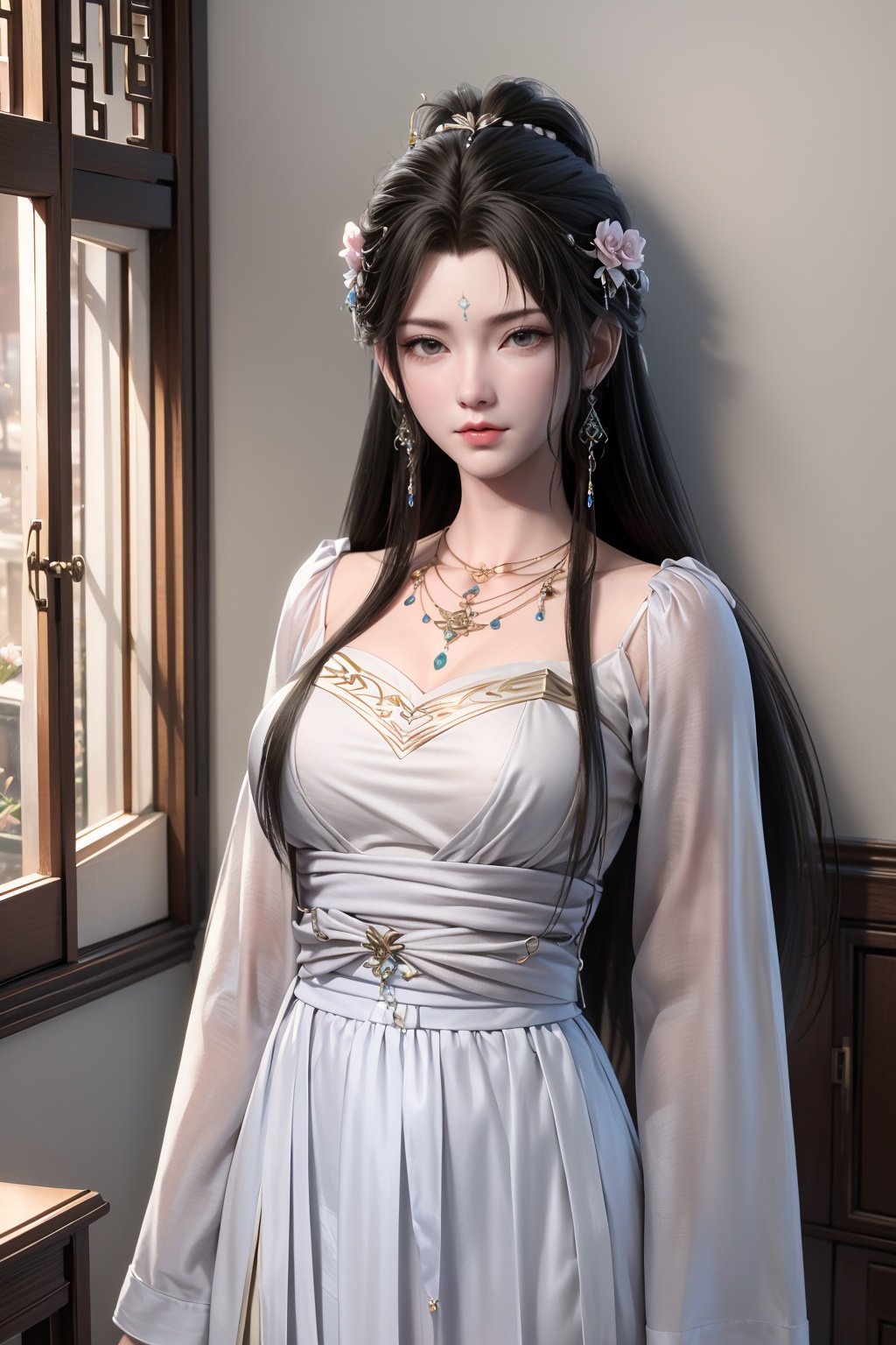 masterpiece, (best quality), masterpiece, 3d, highest quality, absurdres, incredible details, extremely intricate, professional painting, beautiful, (visually stunning), (gorgeous), official art, extremely detailed cg 8k wallpaper, (extremely delicate and beautiful),1girl, chinese clothes, hair ornament, jewelry, solo, earrings, necklace, dress, (forehead mark:1.2), hair bun, dress, <lora:qingyi_v1.1:0.7>, long sleeves, wide sleeves,, (cityscape,gameplay mechanics,floating island,multiple girls,pink flower,sash,chain,bed,sun:1.2), ,(Leaning against a wall:1.2),