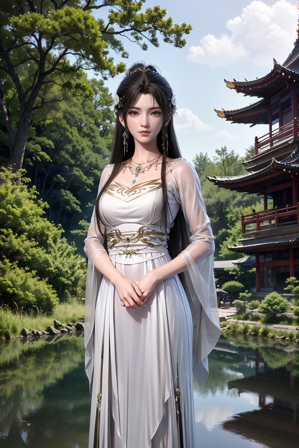 masterpiece, (best quality), masterpiece, 3d, highest quality, absurdres, incredible details, extremely intricate, professional painting, beautiful, (visually stunning), (gorgeous), official art, extremely detailed cg 8k wallpaper, (extremely delicate and beautiful),1girl, chinese clothes, hair ornament, jewelry, solo, earrings, necklace, dress, (forehead mark:1.2), hair bun, dress, <lora:qingyi_v1.1:0.7>, long sleeves, wide sleeves,, (chair,comic,bridge,brown hair,forest,fantasy,pillar,pagoda,building,cat,day,depth of field,sunbeam:1.2), ,(Standing with hands clasped in front, looking serene:1.2),