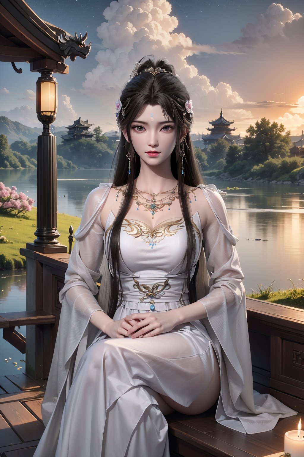 masterpiece, (best quality), masterpiece, 3d, highest quality, absurdres, incredible details, extremely intricate, professional painting, beautiful, (visually stunning), (gorgeous), official art, extremely detailed cg 8k wallpaper, (extremely delicate and beautiful),1girl, chinese clothes, hair ornament, jewelry, solo, earrings, necklace, dress, (forehead mark:1.2), hair bun, dress, crossed legs, <lora:qingyi-6:0.7:lbw=new13>, long sleeves, wide sleeves,, ,, (sun,cloud,fantasy,no humans,architecture,pillar,boat,dragon,candle,grass,scroll,copyright name,winter,starry sky,pink flower:1.2)