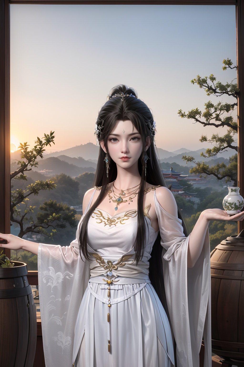 masterpiece, (best quality), masterpiece, 3d, highest quality, absurdres, incredible details, extremely intricate, professional painting, beautiful, (visually stunning), (gorgeous), official art, extremely detailed cg 8k wallpaper, (extremely delicate and beautiful),1girl, chinese clothes, hair ornament, jewelry, solo, earrings, necklace, dress, (forehead mark:1.2), hair bun, dress, <lora:qingyi_v1.1:0.7>, long sleeves, wide sleeves,, (column,autumn,brown hair,black hair,animal ears,pagoda,sunset,male focus,sign,table,barrel,snow,fake screenshot,chinese clothes,potted plant:1.2), ,(Balancing on a narrow surface, arms outstretched, showing gracefulness.:1.2),