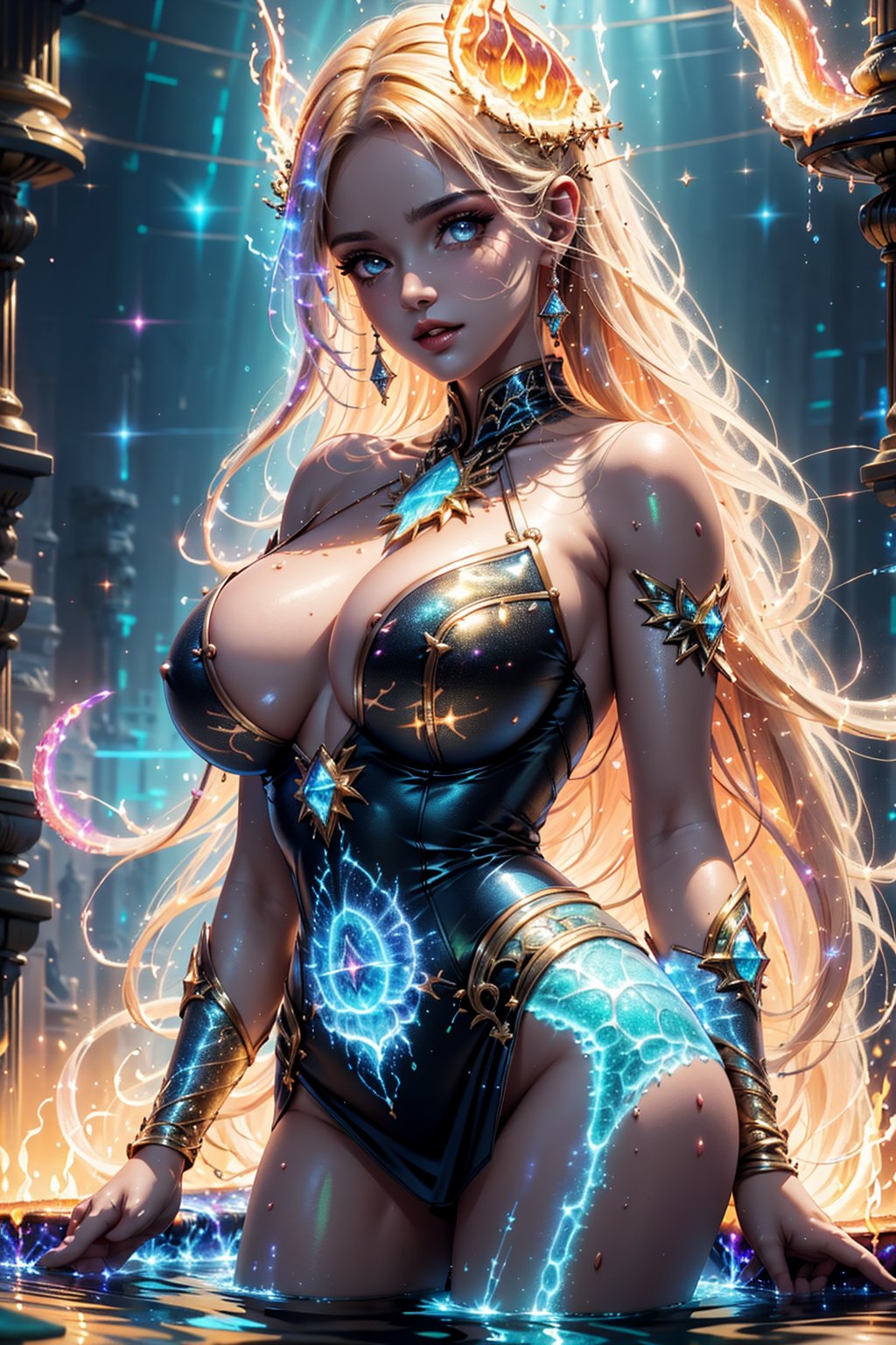 (High quality, 8k, UHD) 1girl, 24years old, cleavage, big boobs, fat thigh, shiny skin, skinny body, very detailed face, masterpiece, cinematic lightning, fire magic, flame and rube, (glowing, fire glow:1.5), fantasy dress, sexy body, large breasts, high resolution, 8k, high quality, fantasy, vibrant color, High detailed, blurry_light_background, watersplash background, circling water around body, Color magic, paint splash,High detailed ,BiophyllTech,glitter,DonMDj1nnM4g1cXL ,potcoll,DonMBl00mingF41ryXL,aestheticKA