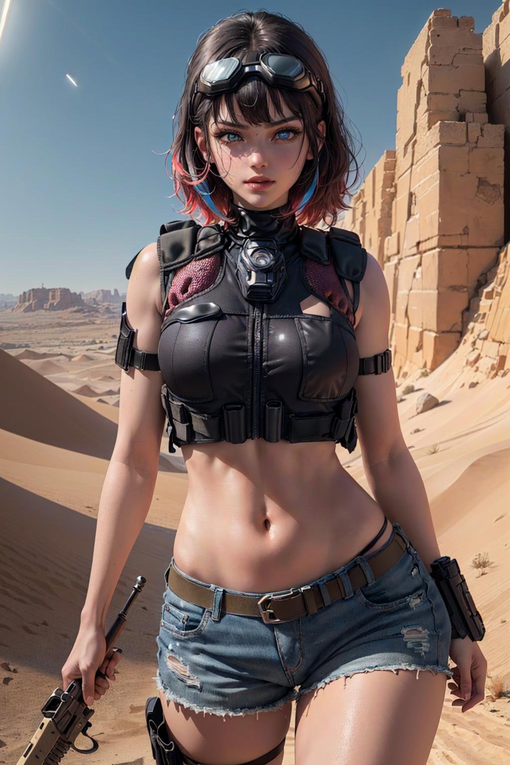 (1girl), ((desert combat outfit, holding weapon, tactical goggles, bullet vest, Fully clothed:1.4)), ((small Breasts, rounded breasts:1.3)), ((accentuated breast, large pelvic, wide hip, midriff, narrow waist, curvy waist:1.2)), ((slim, skinny waist, slender, skinny stomach:1.2)), modern hairstyle, colour streaked hair, hair highlights, ((smug face)), ((tattoo:1.1)),masterpiece, best quality, realistic, ultra highres, depth of field, (full dual colour neon lighting:1.2), (detailed face:1.2), (detailed eyes:1.2), (detailed background:1.2), (desert, action sequences, cinematic lighting, desert storm:1.2) (masterpiece:1.2), (ultra detailed), (best quality), intricate, comprehensive cinematic, magical photography, (gradients), colorful, detailed landscape, visual key, shiny skin,