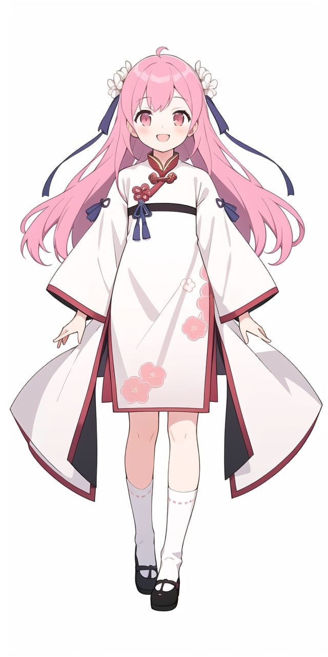 official art,1girl, simple background,[(white background:1.5)::0.2],open-mouth,(white background:1.2)1girl, solo, long hair, air bangs, features, slender, kind_smile, delicate skin,hanfu, pink short shan, White socks,((Chinese traditional dress)),Pink hair,long hair