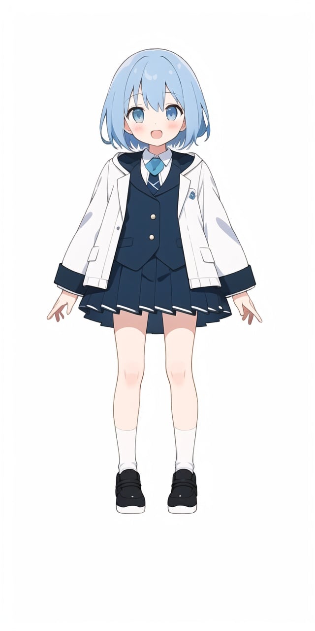 official art,1girl, simple background,[(white background:1.5)::0.2],open-mouth,(white background:1.2)Blue hair,black long suit jacket,white pleated skirt,White socks