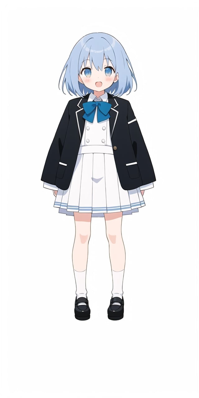 official art,1girl, simple background,[(white background:1.5)::0.2],open-mouth,(white background:1.2)Blue hair,black long suit jacket,white pleated skirt,White socks