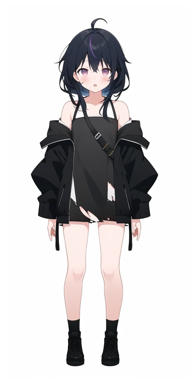 official art,1girl, simple background,[(white background:1.5)::0.2],open-mouth,(white background:1.2)1 cute young girl,small breast,expressionless,sleepy,(very long messy hair:1.3),black hair,(rainbow inner hair:1.5),ahoge,(black short dress:1.4),(off-shoulder jacket:1.3),bare shoulder,(torn clothes:1.2),facial scar,(solo:1.4),straight-on,(simple background:1.5),(full body:1.5)