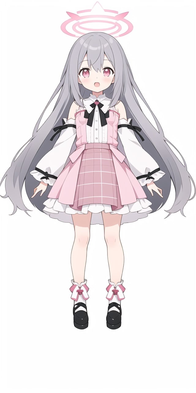 official art,1girl, simple background,[(white background:1.5)::0.2],open-mouth,(white background:1.2)1girl,loli,pink eyes, long hair, grey hair, Separation sleeve,Angelic halo,shirt,pink check skirt,shoulders,Detached Sleeve,(small breast),Grey hair,full body