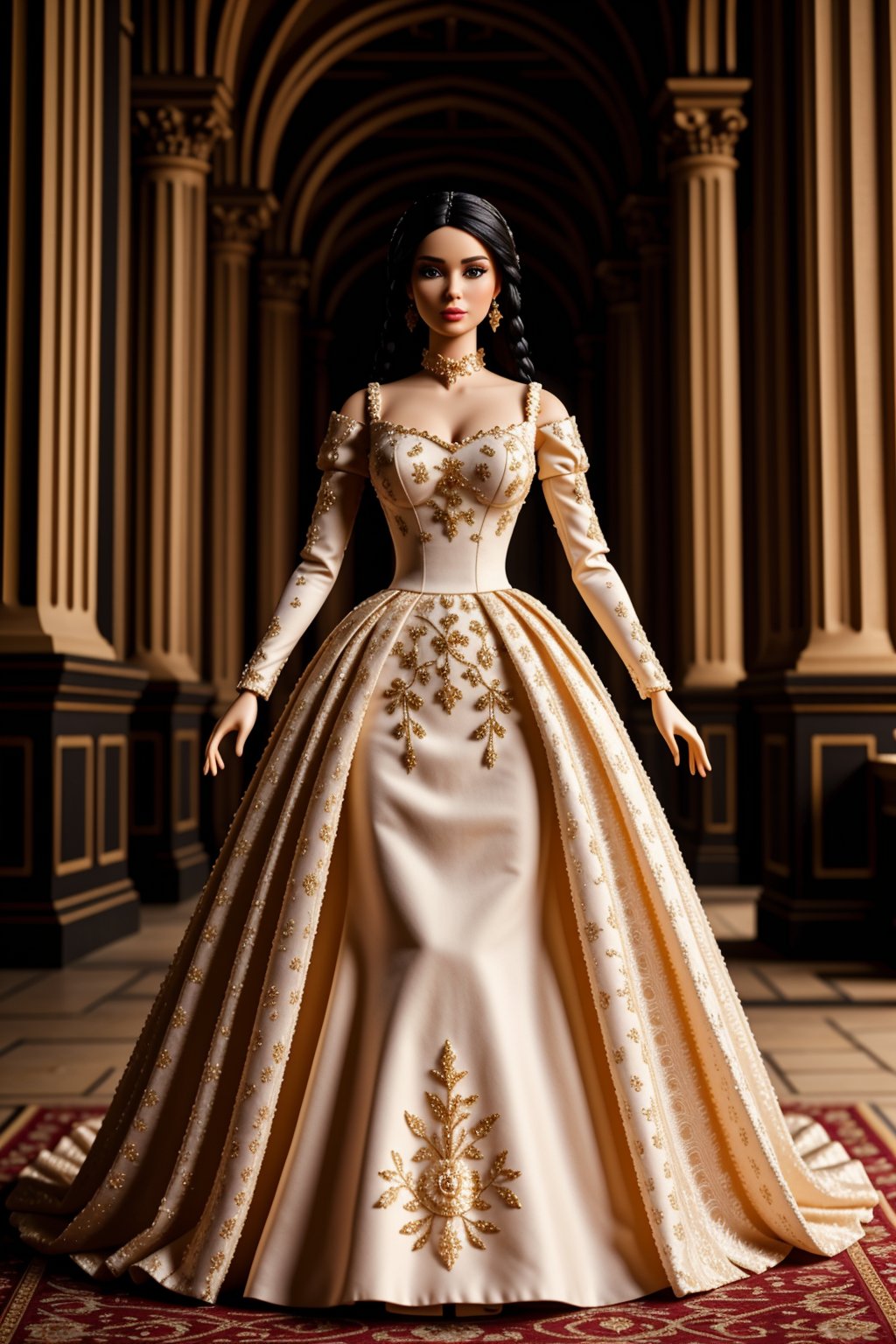 (Best quality, 8k, 32k, Masterpiece, UHD:1.2), a  plastic doll wearing a gown, standing in a castle hall made of plastic, intricated plastic details, female plastic doll, hyper-realistic cg, unreal engine, , DollMe,,,,,,<lora:659111690174031528:1.0>
