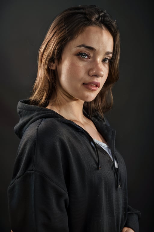 Portrait photography of a woman in photographic studio, wearing a black hoodie, dynamic lighting, high quality, masterpiece, depth of the field, close up, ultra realistic, photorealistic, solo, background lights, black background