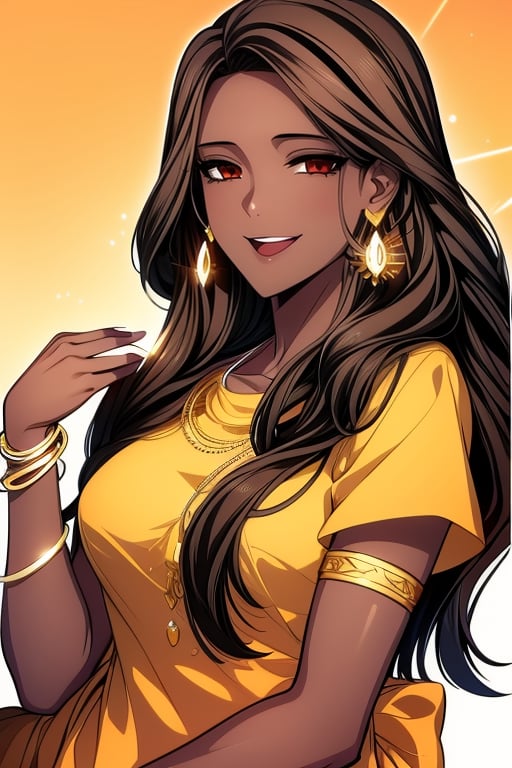 sss, 1girl, solo, long hair, looking at viewer, smile, open mouth, brown hair, dress, holding, brown eyes, jewelry, upper body, earrings, dark skin, bracelet, speech bubble, english text, dark-skinned female, shaded face, glint, animification