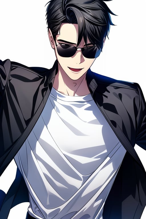 sss, solo, looking at viewer, smile, short hair, open mouth, simple background, shirt, black hair, 1boy, white background, holding, jacket, white shirt, upper body, weapon, male focus, one eye closed, collared shirt, holding weapon, black eyes, black jacket, dress shirt, sunglasses