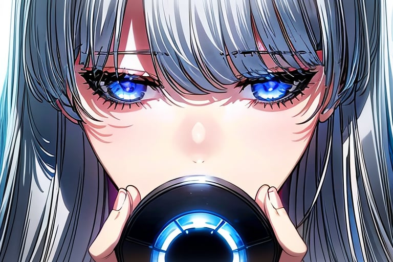 sss, 1girl, solo, looking at viewer, blue eyes, black hair, grey hair, parted bangs, grey eyes, glowing, portrait, close-up, animification, straight-on, eye focus