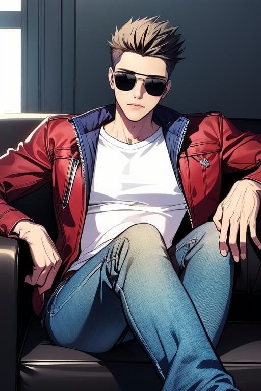 (masterpiece,best quality,HD,detailed),1boy wearing red jacket and white tshirt underneath and denim jeans,boy also has black sunglasses,boy has black hair and sitting on a sofa with legs crossed ,boy has spiked hair