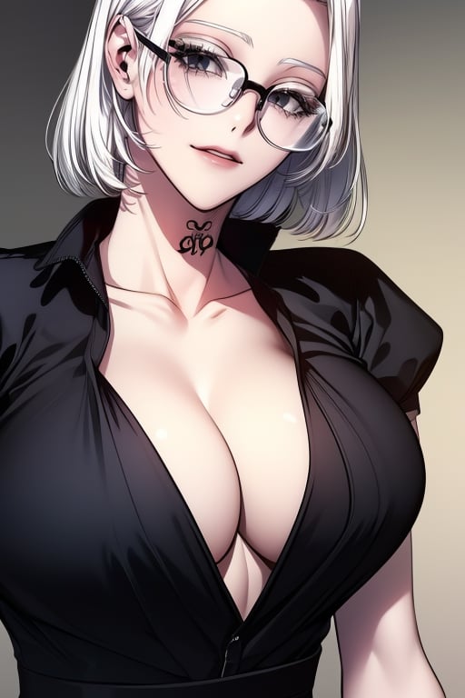 1girl,white_hair,(masterpiece,detailed,best quality,HD),black clothes,tattoo,glasses