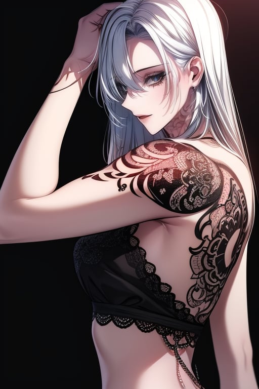 1girl,white_hair,(masterpiece,detailed,best quality,HD),black clothes,tattoo,tattoo , arm_tattoo