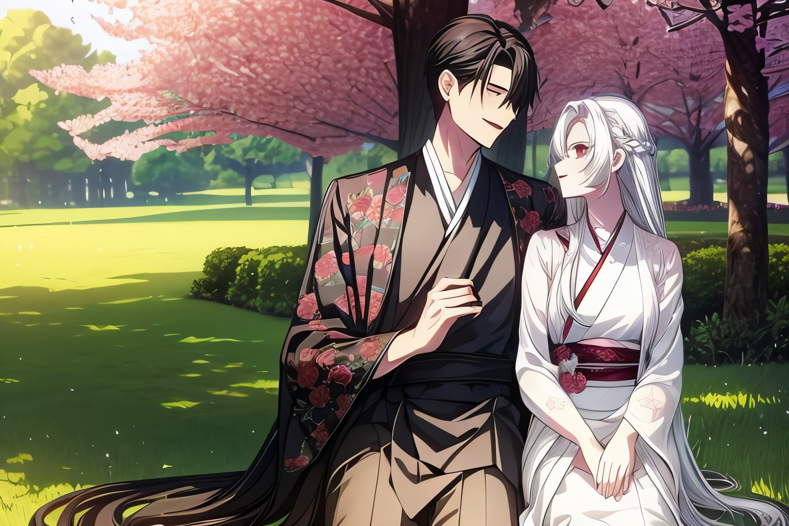 sss, 1girl, long hair, smile, short hair, open mouth, black hair, 1boy, dress, very long hair, braid, white hair, hetero, outdoors, japanese clothes, kimono, tree