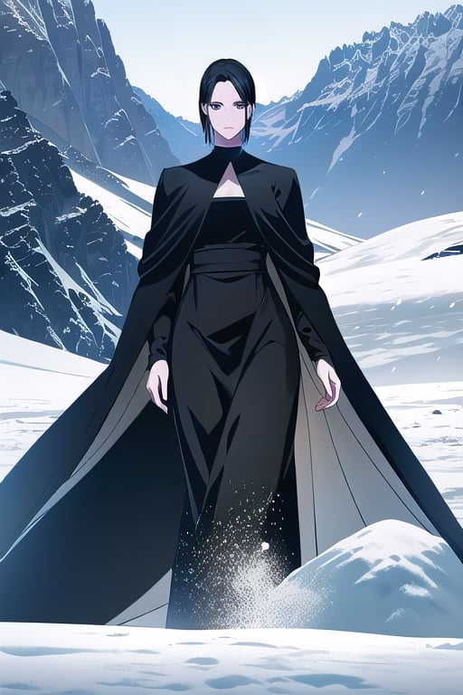 1girl,mature_female,(masterpiece,best quality,detailed face,detailed eyes),black hair,black robe,black eyes,walking on snow_mountain,looking_at_viewer