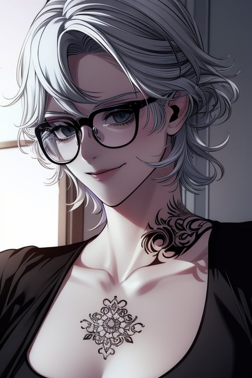 1girl,white_hair,(masterpiece,detailed,best quality,HD),black clothes,tattoo,glasses, tattoo ,smug, shirt ,messy_hair