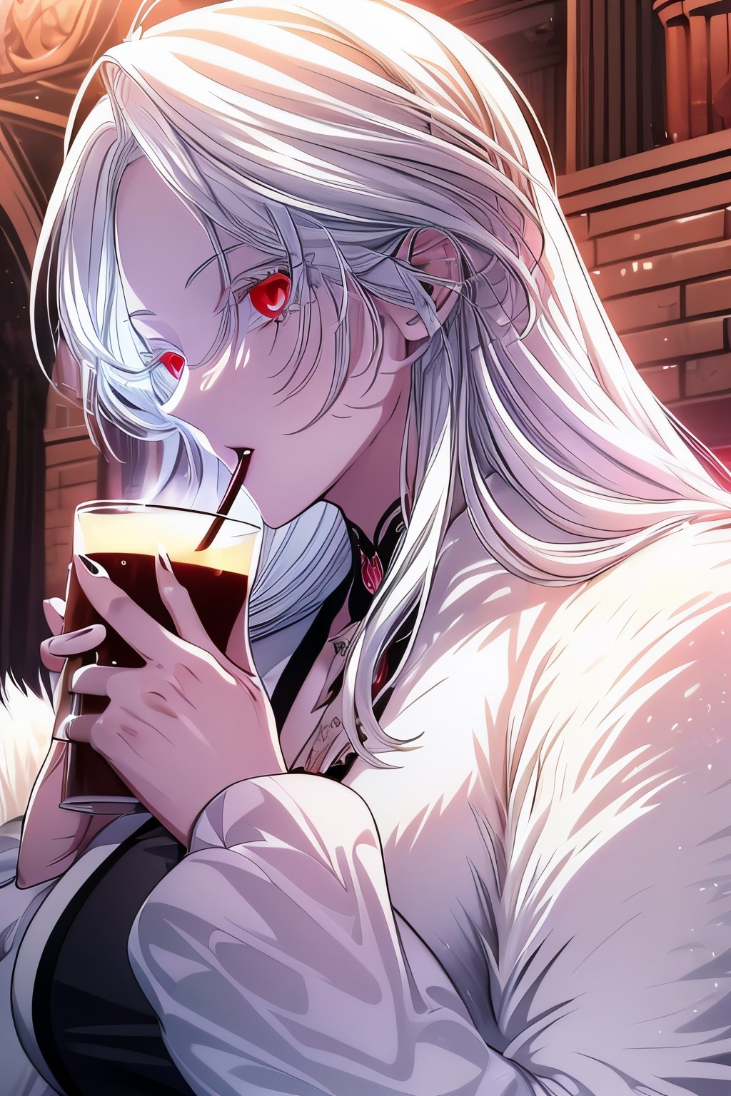 1girl,mature_female,(masterpiece,best quality,ultra hd),white hair,princess,red eyes,glowing eyes,drinking coffee,coffee,sss,sipping,sipping_coffee