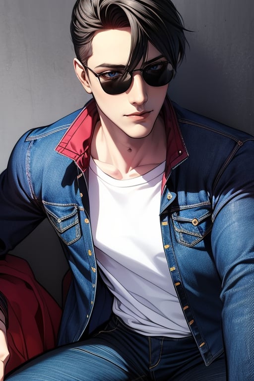 (masterpiece,best quality,HD,detailed),1boy wearing red jacket and white tshirt underneath and denim jeans,boy also has black sunglasses,boy has black hair