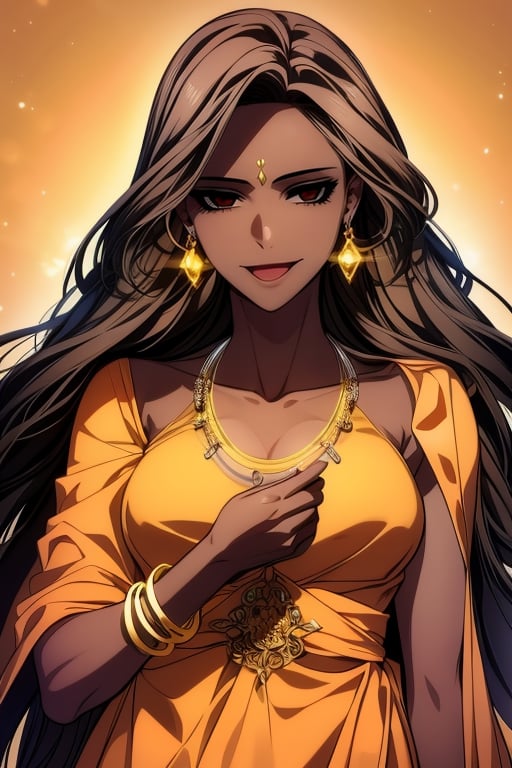 sss, 1girl, solo, long hair, looking at viewer, smile, open mouth, brown hair, dress, holding, brown eyes, jewelry, upper body, earrings, dark skin, bracelet,dark-skinned female, shaded face, glint, animification