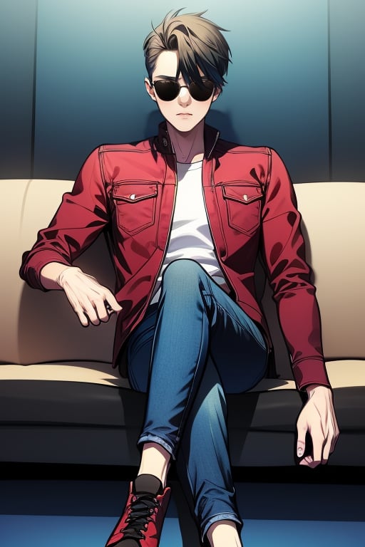 (masterpiece,best quality,HD,detailed),1boy wearing red jacket and white tshirt underneath and denim jeans,boy also has black sunglasses,boy has black hair and sitting on a sofa with legs crossed 