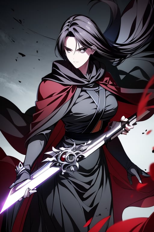 1girl,mature_female,(masterpiece,best quality,ultra hd),black hair,black robe,black eyes,holding_weapon,sword