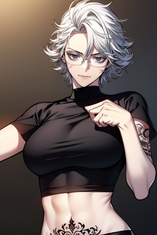 1girl,white_hair,(masterpiece,detailed,best quality,HD),black clothes,tattoo,glasses, tattoo ,smug, shirt ,messy_hair, midriff ,morning_hair