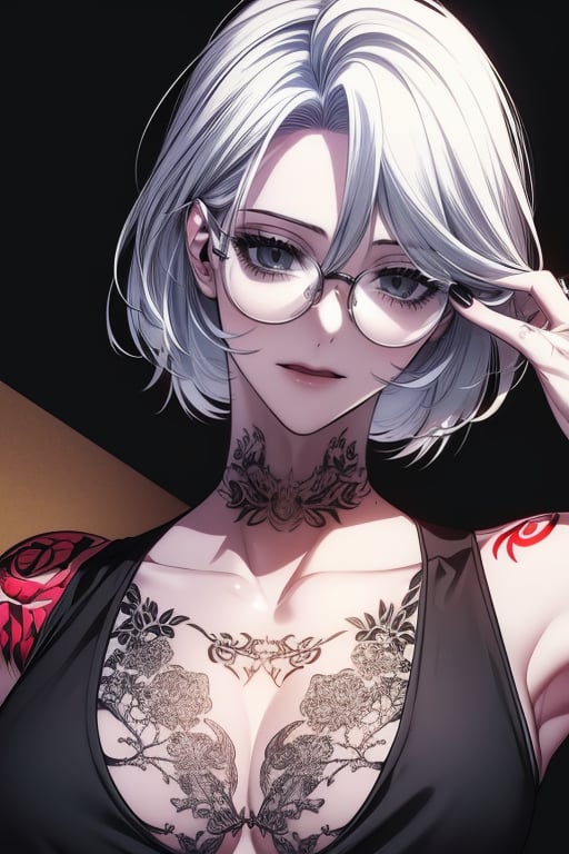 1girl,white_hair,(masterpiece,detailed,best quality,HD),black clothes,tattoo,glasses, tattoo 