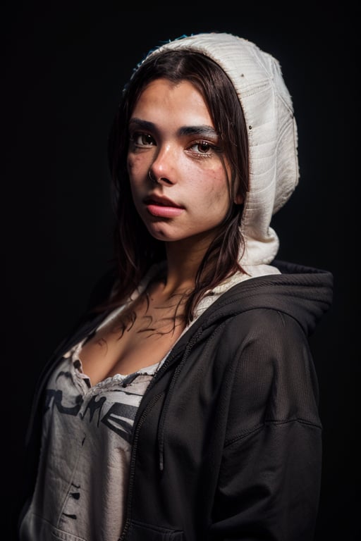 Portrait photography of a woman in photographic studio, wearing a black hoodie, dynamic lighting, high quality, masterpiece, depth of the field, close up, ultra realistic, photorealistic, solo, background lights, black background