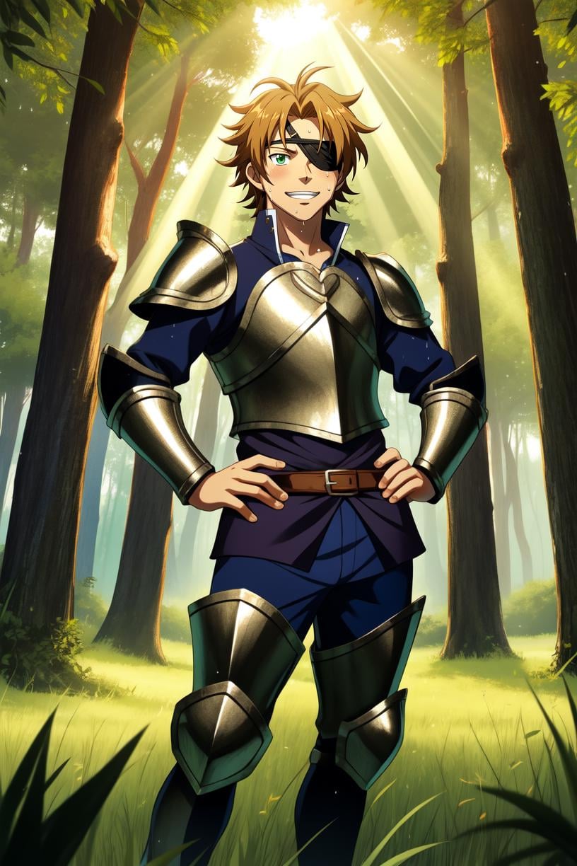 anime, a young man in a leather armor, green fields tall grass, forest, sunny, sweat, eyepatch, scruffy hair, hands on hips, cocky smile, sunrays, volumetric lighting