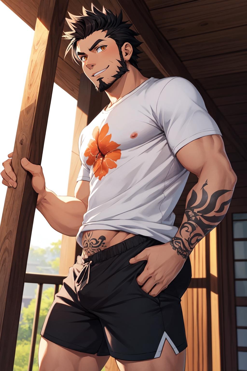 best quality, masterpiece, intricate details, showing belly, homoerotic, nsfw, teasing body, low angle, young adult, hentai cg, 8k, toned, tall, legs spread, front view, anime screencap, A young manly boy in a beautiful american porch, standing, pulling t-shirt, pull pants, showing pubes, flower pots, short black spiky hair, indian, tan skin, goatee, loose patterned t-shirt, loose shorts, tribal tattoos, erotic stare, mocking smile, volumetric lighting, amber eyes, eyebags, sun rays,