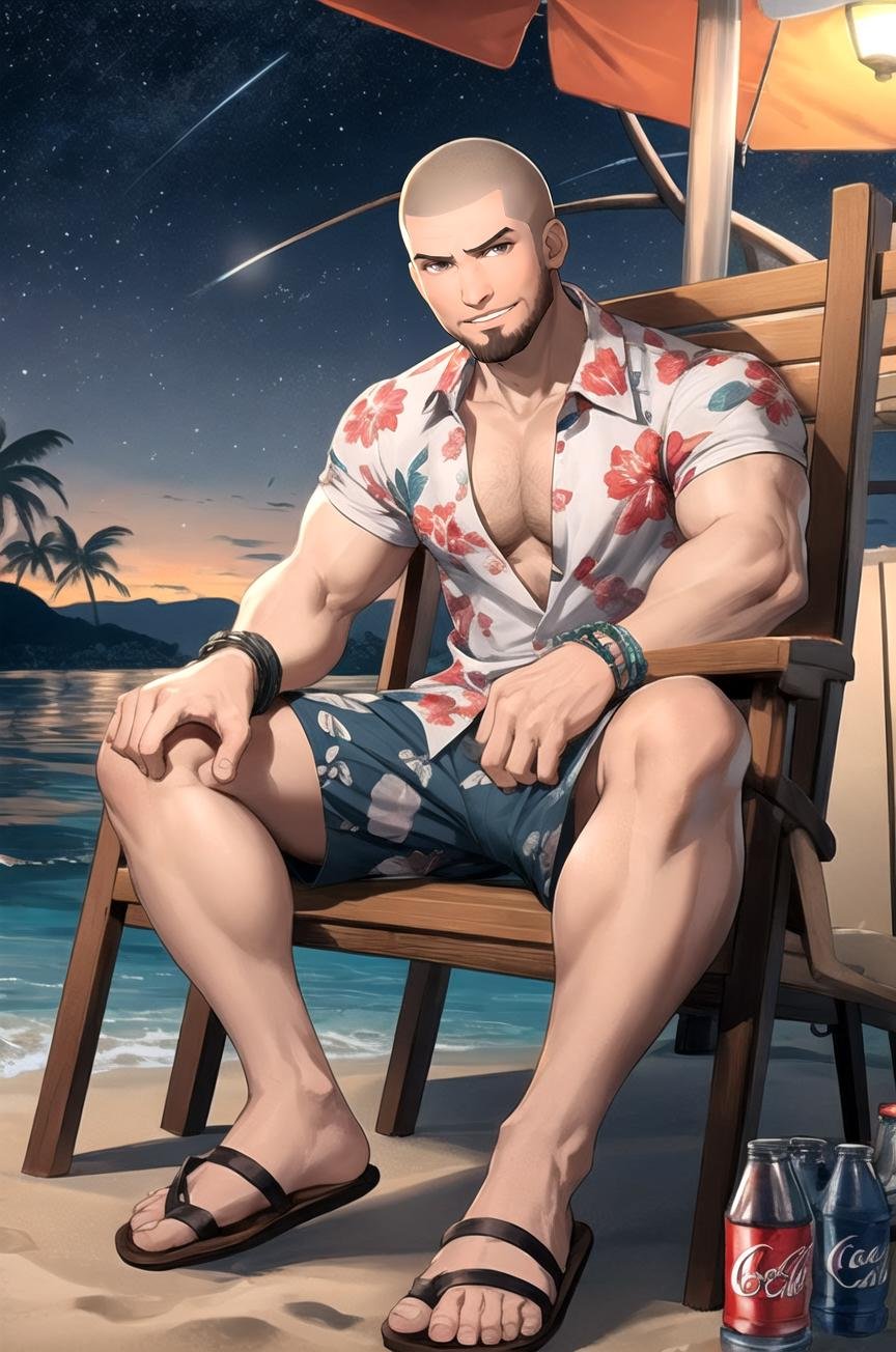 anime, ikemen, manly, low angle, closeup, hairy chest, slim, resting, looking at viewer, expressive, legs spread, bulge, sitting in beach chair, closeup, (buzzcut, goatee, gray eyes, open patterned hawaiian shirt), smirk, swimming trunks, sandals, leaning back, cord bracelet, coca-cola, beach, chill atmosphere, night, starry sky, boat at distance