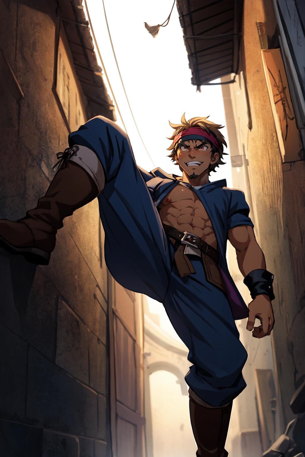 half body, volumetric lighting, anime cg, half body, from below, hands on waist, a closeup shot of a young manly thief, kicking, leaning down, goatee, skimpy thief clothes, thief boots, movement, closeup, evil smile, low angle, menacing aura, tan skin, menacing, dark alley, fantasy theme, headband