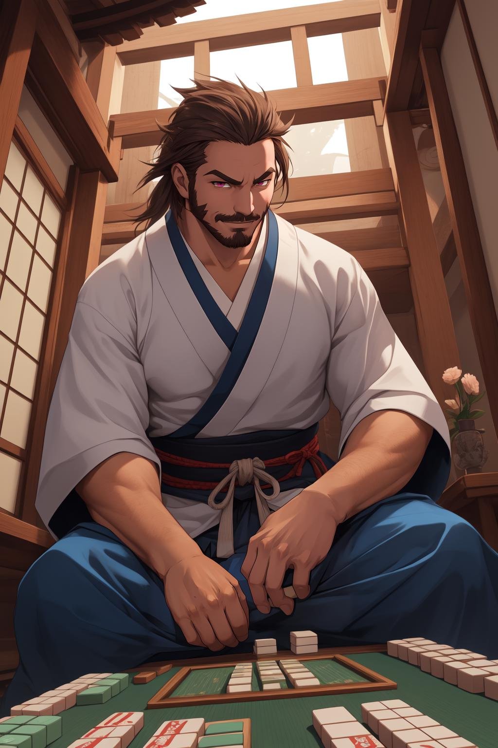 best quality,masterpiece,highres, yaoi, intricate details, (focus male), cg game cg, hd, (a manly 30 year old scruffy samurai man, blue samurai clothes, brown samurai hair, manly face, goatee, bliss face), sitting, japanese temple, beautiful background, intricate details, altar, (playing, mahjong), cocky smile, crowded japanese temple, light rays, crowd, closeup, dutch angle, detailed hands