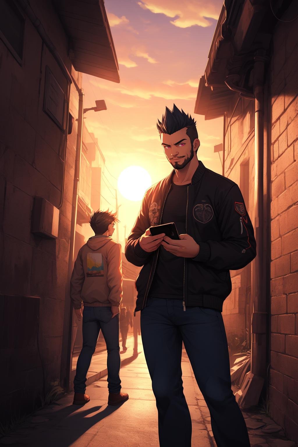 best quality, masterpiece, hentai cg, intricate details, 1boy, dark alley, bomber jacket, 25yo, black spiked hair, goatee, jeans, cowboy shot, dutch angle, people at distance:1.2, looking at phone,  sunset, volumetric lighting,