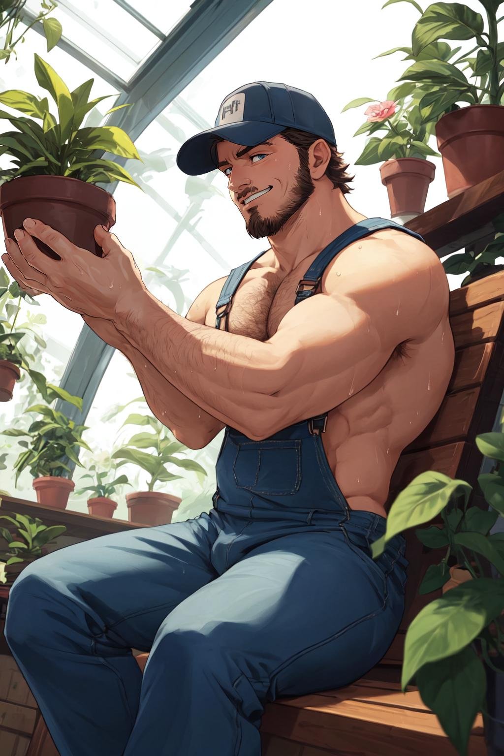 best quality, masterpiece, intricate details, 1boy, manly, big bulge, low angle, hairy chest, big pectorals, topless, blue overalls, flowers, potted plant, short hair, stubble, sideburns, sitting, inside a greenhouse, sunny, sweat, visor cap, sunrays, volumetric lighting, smirk