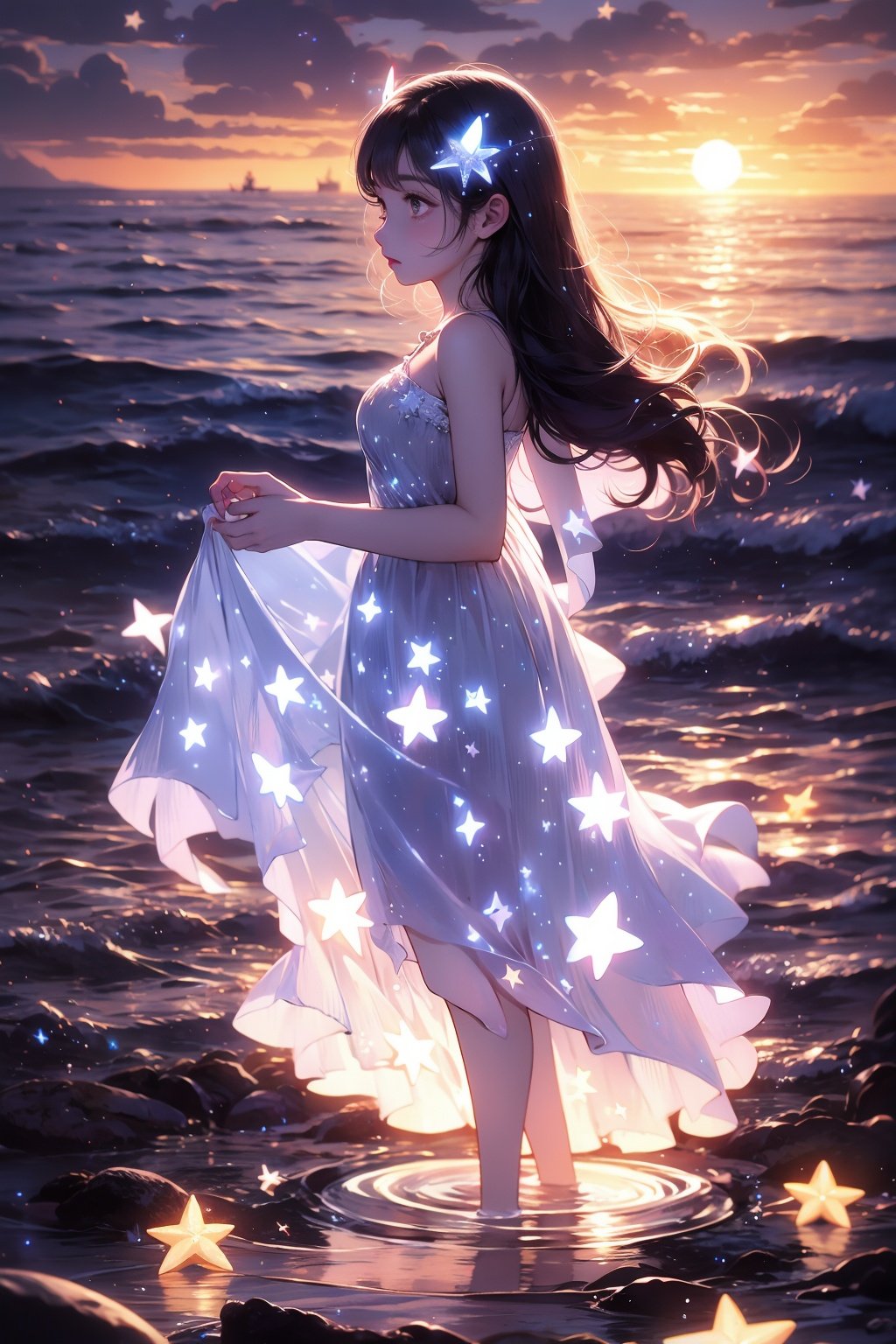 xcdd, 1girl, solo, long hair, dress, wading, star \(symbol\), backlighting, water, sky, glowing, standing, sunset, hair ornament, white dress, star hair ornament, bangs, star \(sky\), skirt hold, bare shoulders, ocean, outdoors, from side, light particles, floating hair<lora:xcdd:1>