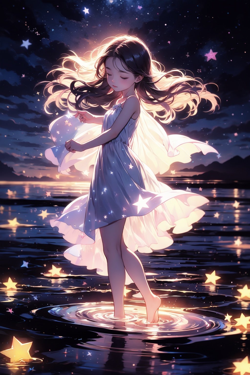 xcdd, 1girl, star \(symbol\), dress, solo, closed eyes, long hair, wading, sky, star \(sky\), glowing, night, water, holding, barefoot, standing, white dress, starry sky, night sky, floating hair<lora:xcdd:1>