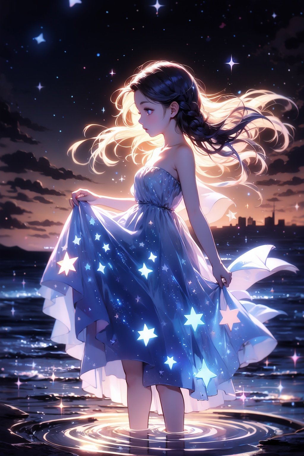 xcdd, 1girl, solo, dress, wading, star \(symbol\), long hair, skirt hold, water, white dress, bare shoulders, sky, night, glowing, blue eyes, standing, profile, bare arms, sparkle, strapless, braid, star \(sky\), strapless dress, from side, outdoors, night sky, looking away <lora:xcdd:1>