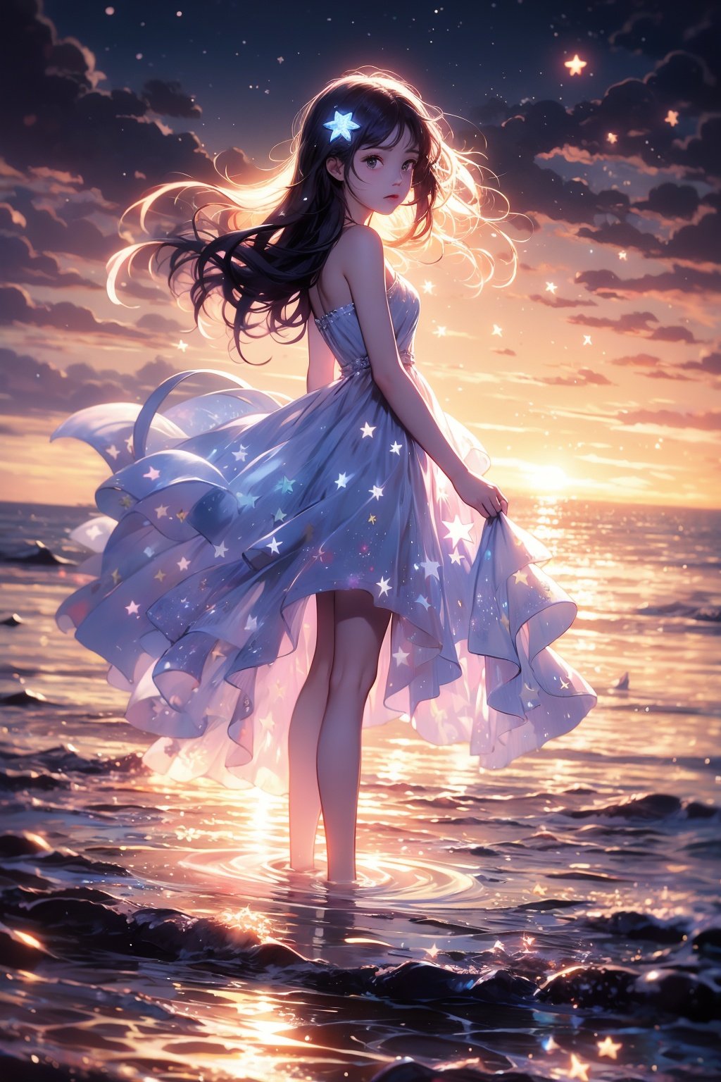 xcdd, 1girl, solo, long hair, dress, wading, star \(symbol\), backlighting, water, sky, glowing, standing, sunset, hair ornament, white dress, star hair ornament, bangs, star \(sky\), skirt hold, bare shoulders, ocean, outdoors, from side, light particles, floating hair<lora:xcdd:1>