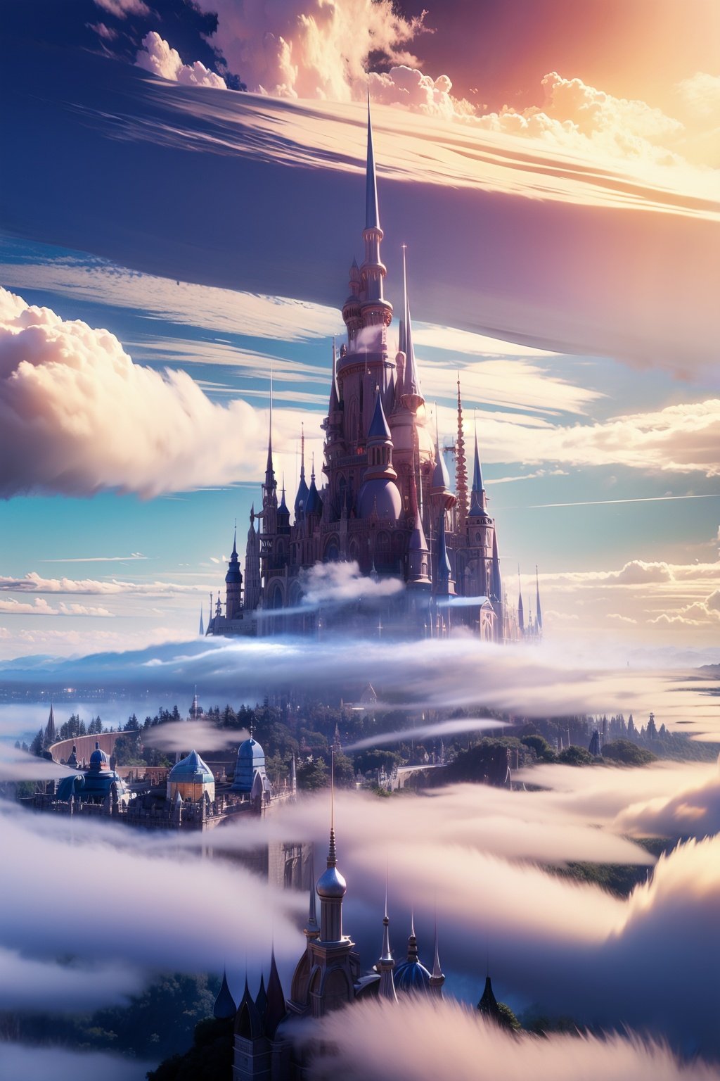 <lora:mhxy:1>mhxy, cloud, scenery, no humans, sky, fantasy, above clouds, outdoors, cloudy sky, castle, city